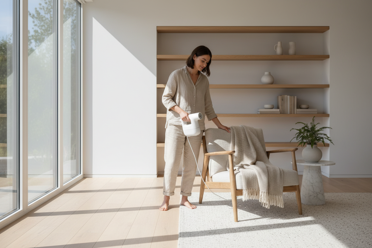 A bright, modern home setting with soft natural daylight.
A person using a simple utility product as part of their everyday routine.
Clean, minimal space with neutral tones like white, beige, and light wood.
The product blends naturally into the scene without being highlighted aggressively.
Overall feel is practical, calm, and trustworthy with a modern lifestyle look.